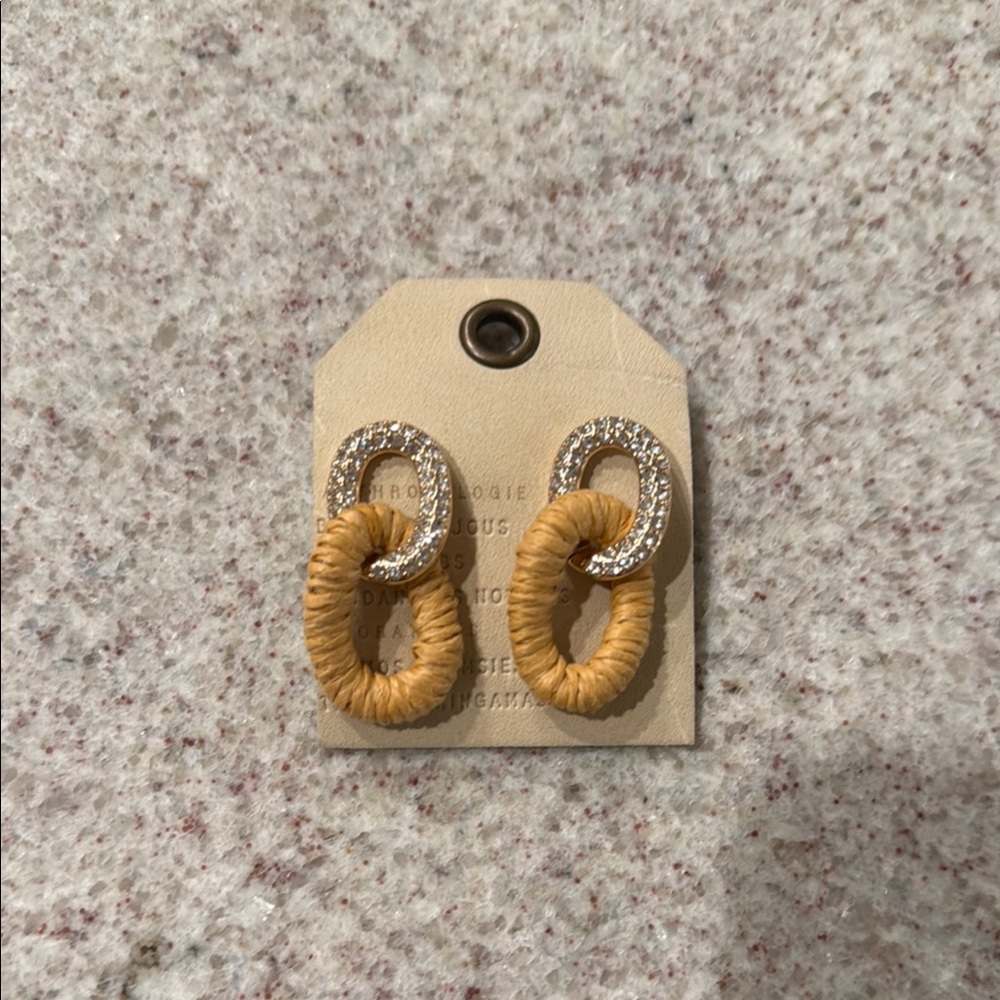 Anthropologie Gold Woven Pave Rhinestone Earrings